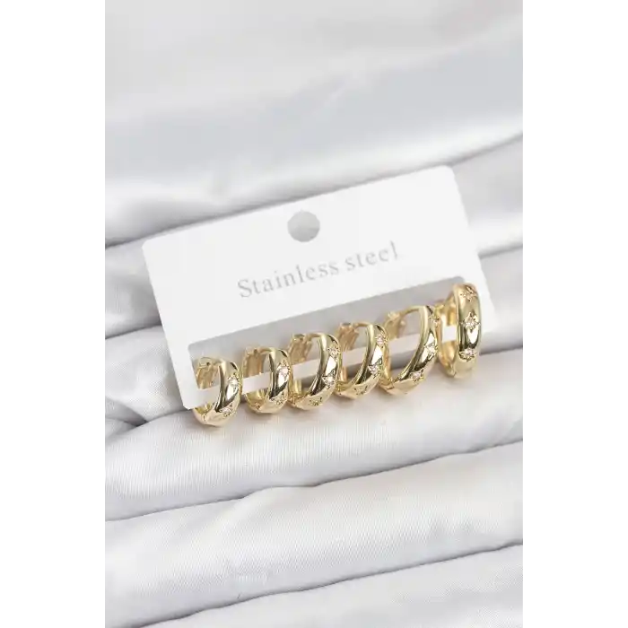 316L Çelik Gold Renk Zirkon Taşlı Kutup Yıldızı Model Halka Küpe Seti