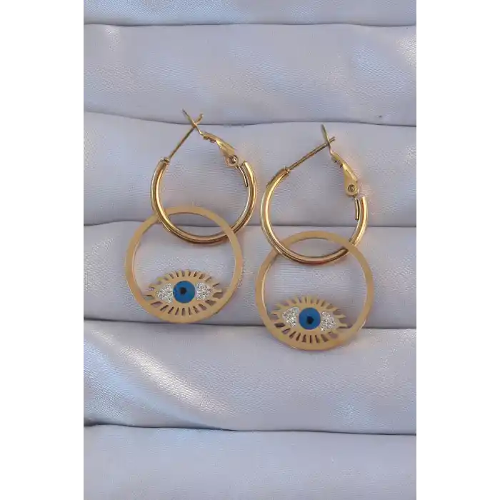 316L Çelik Gold Renk Zirkon Taşlı Mavi Göz Tasarımlı Halka Küpe