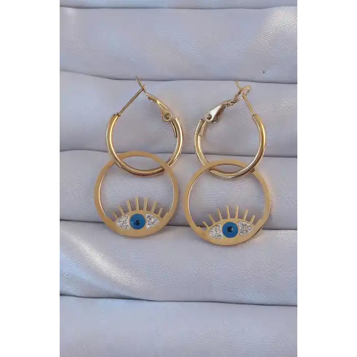 316L Çelik Gold Renk Zirkon Taşlı Mavi Göz Tasarımlı Halka Küpe