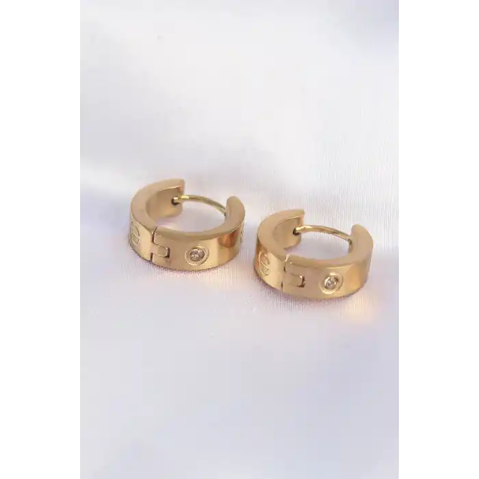 316L Çelik Gold Renk Zirkon Taşlı Minimal Model Halka Küpe