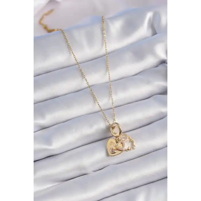 316L Çelik Gold Renk Zirkon Taşlı Sonsuzluk Kalp Figür Charm Model Kadın Kolye