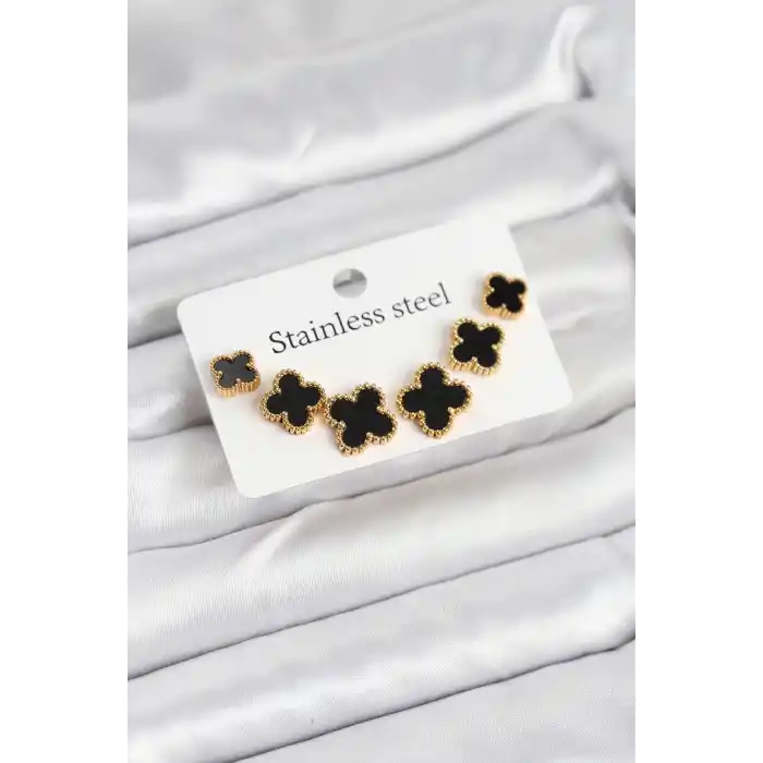 316L Çelik Gold Siyah Renk 3 Boy Yonca Küpe Seti