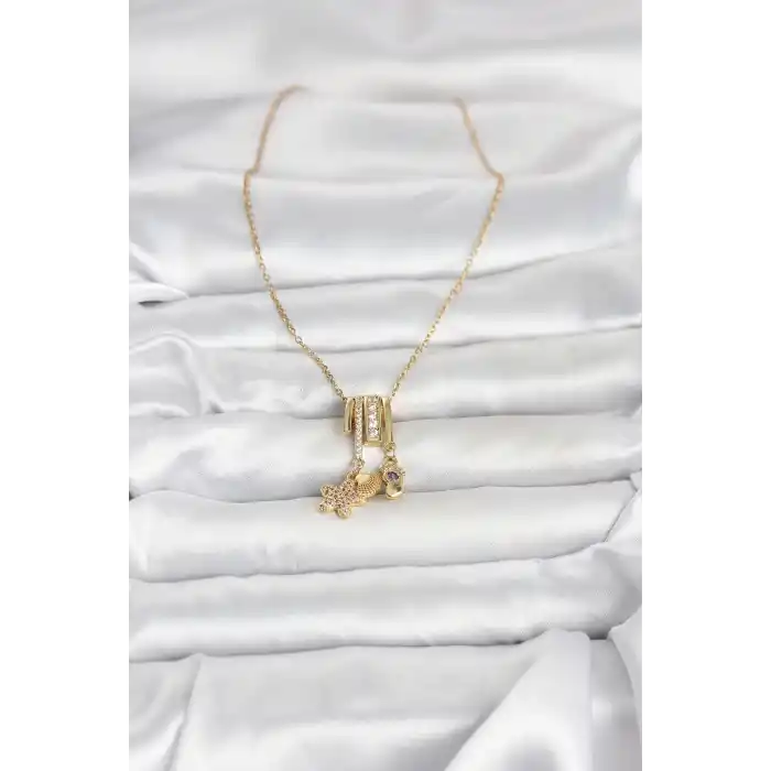 316L Çelik Gold Zirkon Taşlı Deniz Tema Charmlı Kadın Kolye