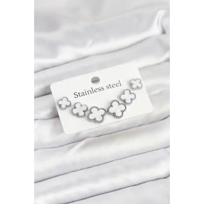 316L Çelik Gümüş Beyaz Renk 3 Boy Yonca Küpe Seti