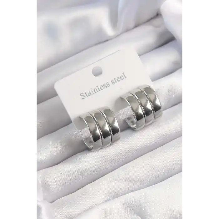316L Çelik Gümüş Renk 3lü Görünüm Bombe Model Yarım Halka Küpe