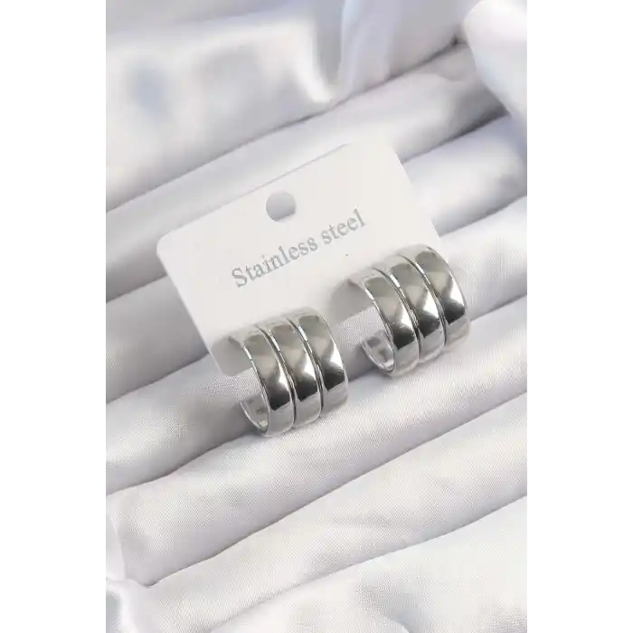 316L Çelik Gümüş Renk 3lü Görünüm Bombe Model Yarım Halka Küpe