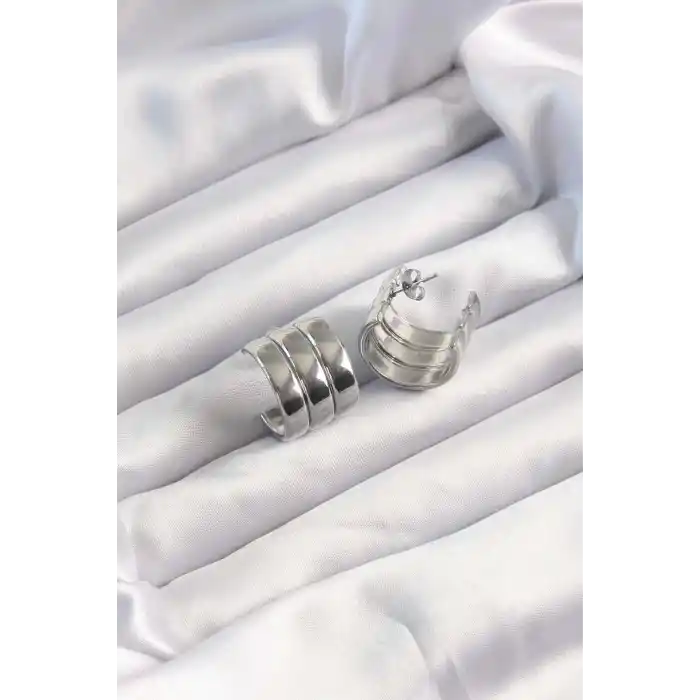 316L Çelik Gümüş Renk 3lü Görünüm Bombe Model Yarım Halka Küpe