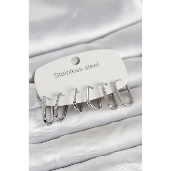 316L Çelik Gümüş Renk 6lı Set Geometrik Model Kadın Küpe