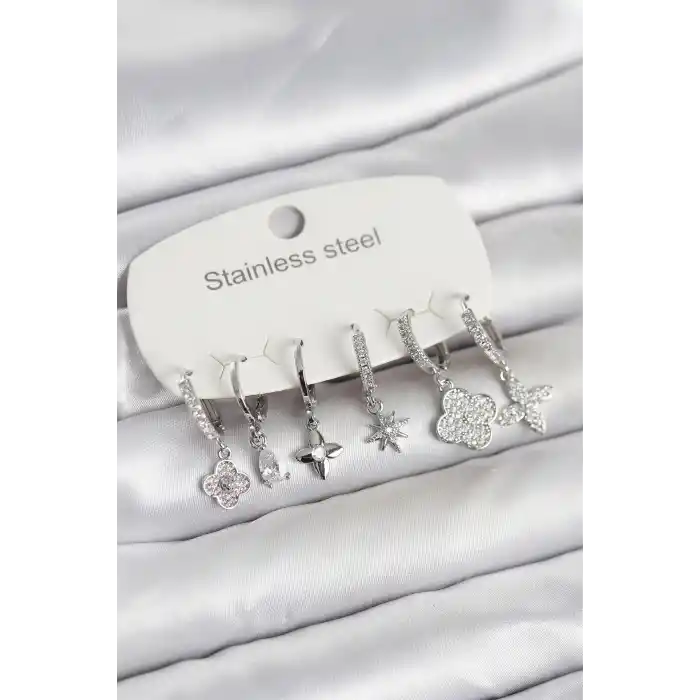 316L Çelik Gümüş Renk 6lı Set Yonca Model Kadın Küpe