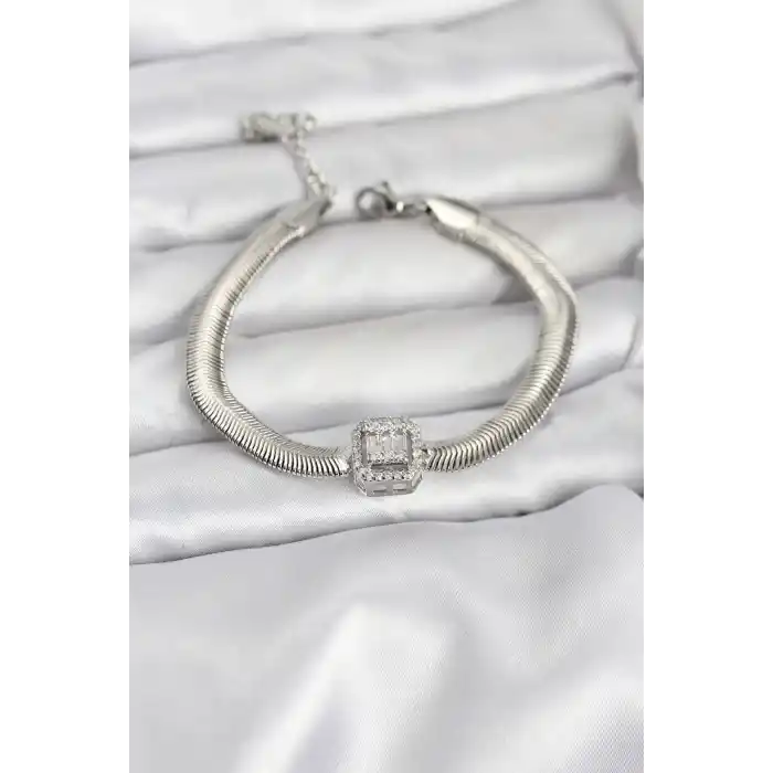 316L Çelik Gümüş Renk Baget Zirkon Taşlı Yılan Zincirli Kadın Bileklik
