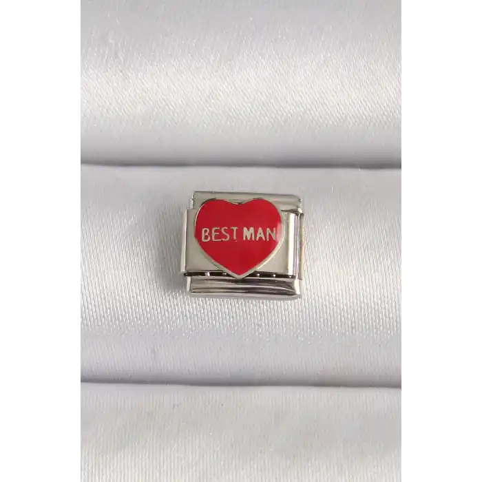316L Çelik Gümüş Renk Best Man Yazılı Kırmızı Kalp İşlemeli Nomination Charm