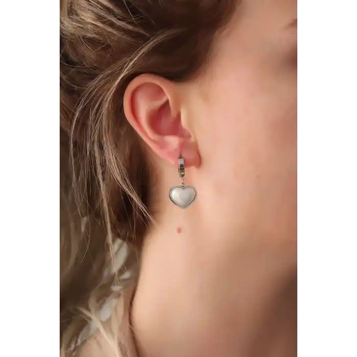 316L Çelik Gümüş Renk Beyaz Bombeli Kalp Küpe