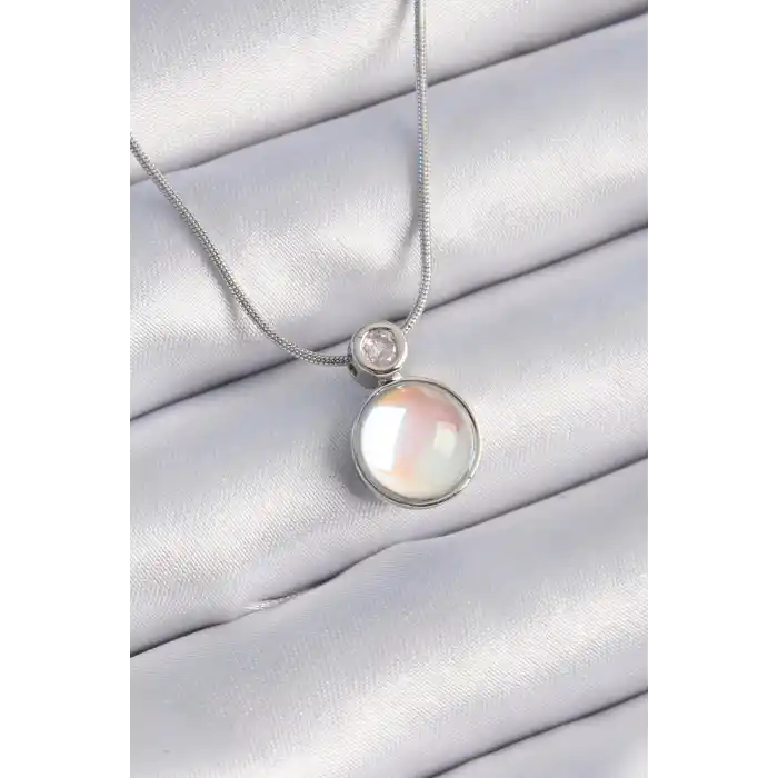 316L Çelik Gümüş Renk Beyaz Sedefli Vintage Model Kadın Kolye