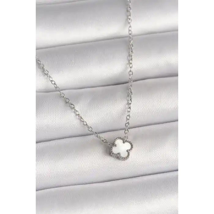 316L Çelik Gümüş Renk Beyaz Yonca Model Kadın Kolye