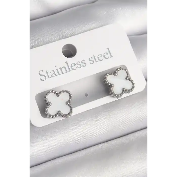 316L Çelik Gümüş Renk Beyaz Yonca Model Kadın Küpe