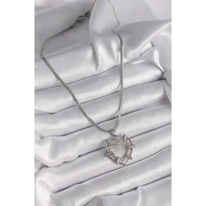 316L Çelik Gümüş Renk İtalyan Zincir Mix Renk Zirkon Taş Detay Kalp Model Kadın Kolye
