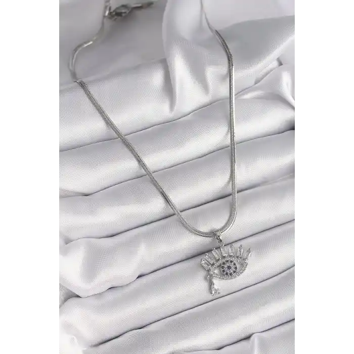 316L Çelik Gümüş Renk İtalyan Zincir Zirkon Taşlı Göz Model Kadın Kolye