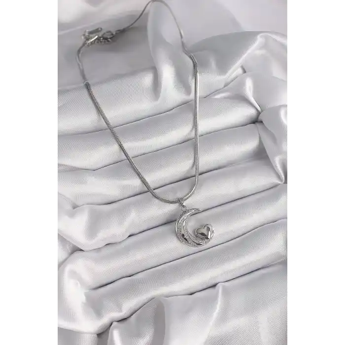 316L Çelik Gümüş Renk İtalyan Zincir Zirkon Taşlı Halil Figür Kalp Detay Kadın Kolye