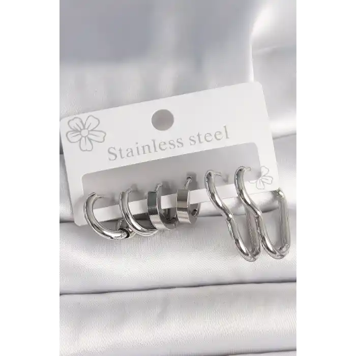 316L Çelik Gümüş Renk Kalp Halka Model Kadın Küpe Seti