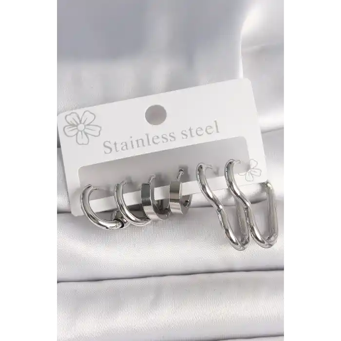 316L Çelik Gümüş Renk Kalp Halka Model Kadın Küpe Seti