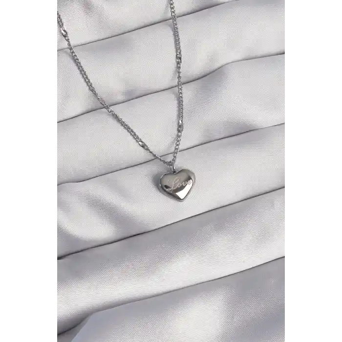 316L Çelik Gümüş Renk Kalp Model Love Kolye
