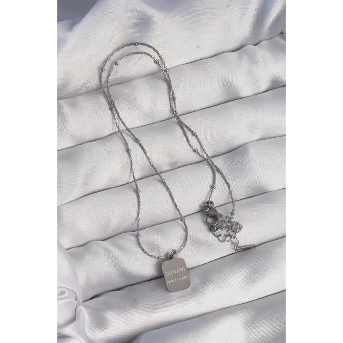 316L Çelik Gümüş Renk Kare Charm Model Kolye