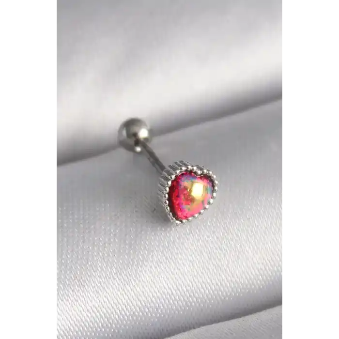 316L Çelik Gümüş Renk Kırmızı Mineli Kalp Tragus Piercing