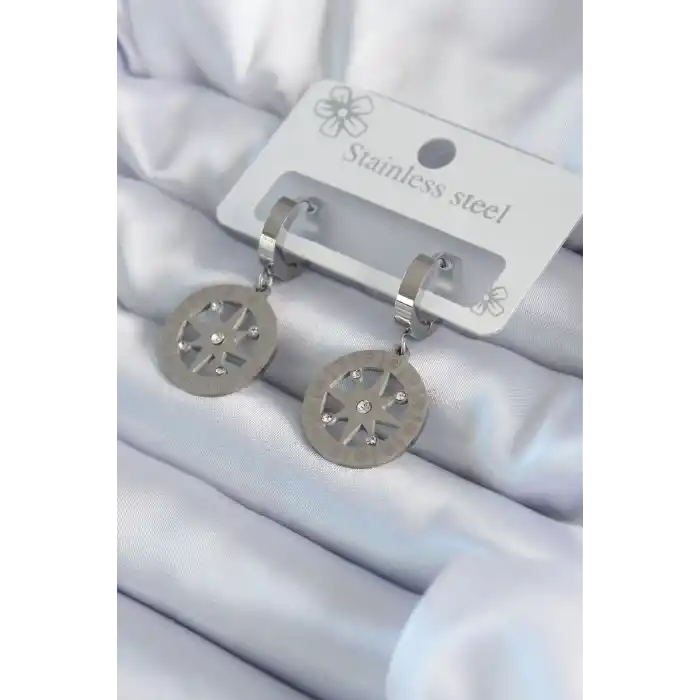 316L Çelik Gümüş Renk Kutup Yıldızı Model Zirkon Taş İşleme Detay Kadın Küpe