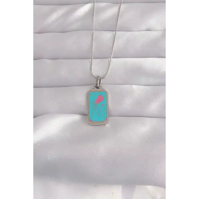 316L Çelik Gümüş Renk Mavi Mineli Tarot Kolye