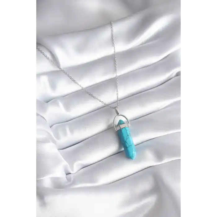 316L Çelik Gümüş Renk Mavi Taşlı Model Kadın Kolye