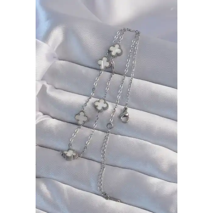 316L Çelik Gümüş Renk Minimal Beyaz Sedefli Yonca Kolye