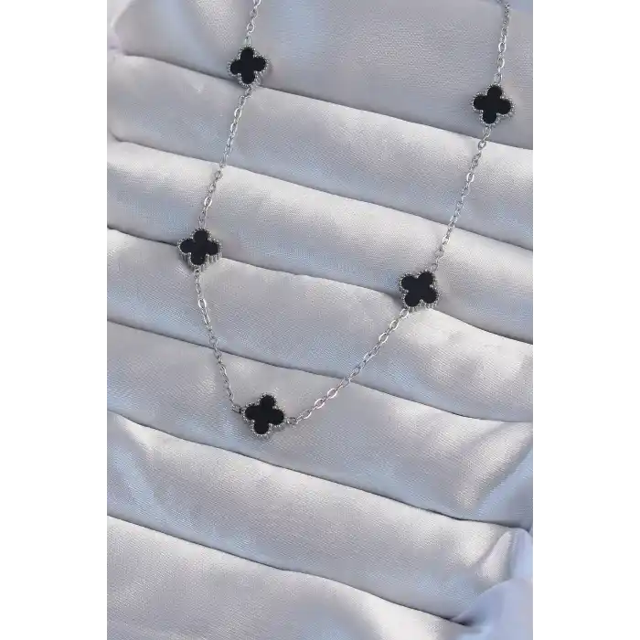 316L Çelik Gümüş Renk Minimal Siyah Mineli Yonca Kolye