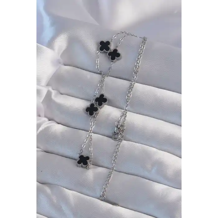 316L Çelik Gümüş Renk Minimal Siyah Mineli Yonca Kolye