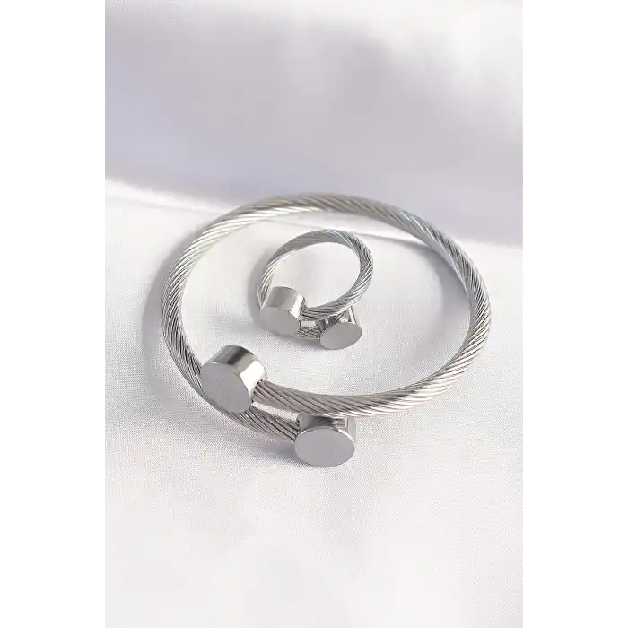 316L Çelik Gümüş Renk Oval Aksesuarlı Burgu Model Bileklik ve Yüzük Kombini