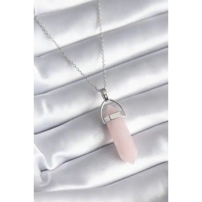 316L Çelik Gümüş Renk Pembe Taşlı Kadın Kolye