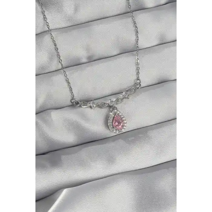 316L Çelik Gümüş Renk Pembe Zirkon Taşlı Damla Kolye