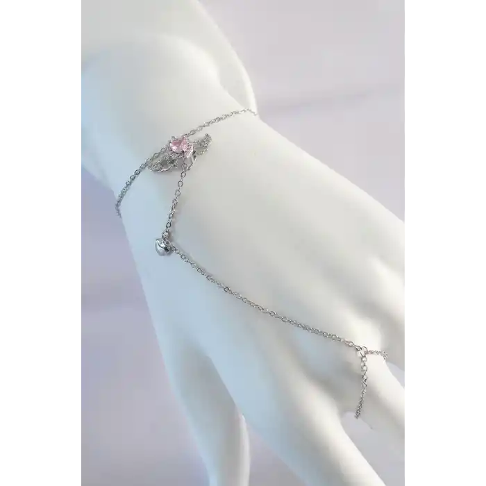 316L Çelik Gümüş Renk Pembe Zirkon Taşlı Kanatlı Kalp Model Şahmeran