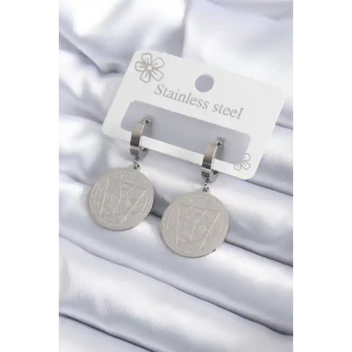 316L Çelik Gümüş Renk Pentagram İşleme Model Kadın Küpe