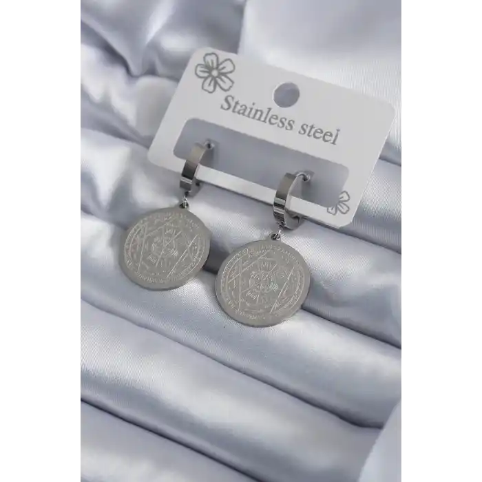 316L Çelik Gümüş Renk Pentagram Yıldızı İşleme Kadın Küpe