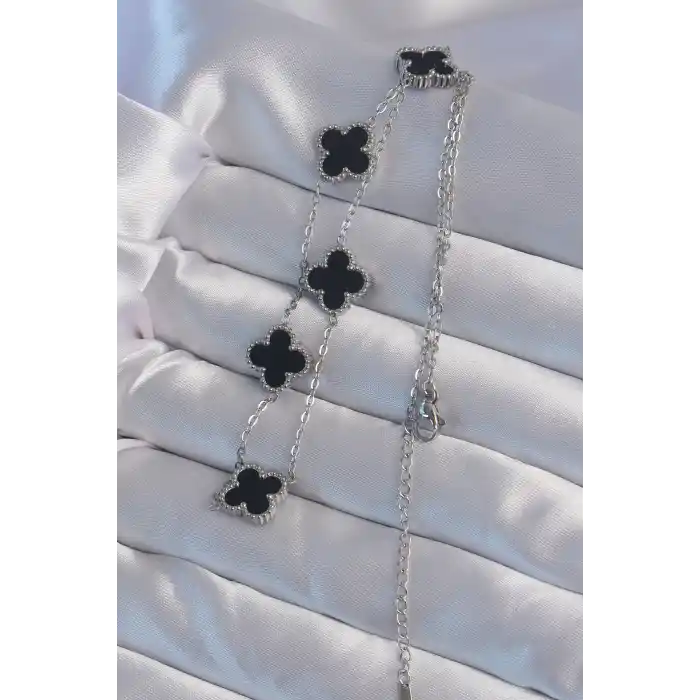 316L Çelik Gümüş Renk Siyah Mineli Yonca Kolye