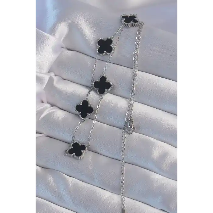 316L Çelik Gümüş Renk Siyah Mineli Yonca Kolye