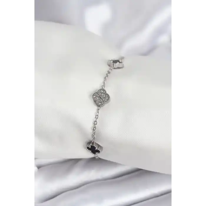316L Çelik Gümüş Renk Siyah ve Zirkon Taşlı Baby Boy Yonca Kadın Bileklik