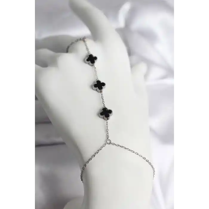 316L Çelik Gümüş Renk Siyah Yonca Model Kadın Şahmeran