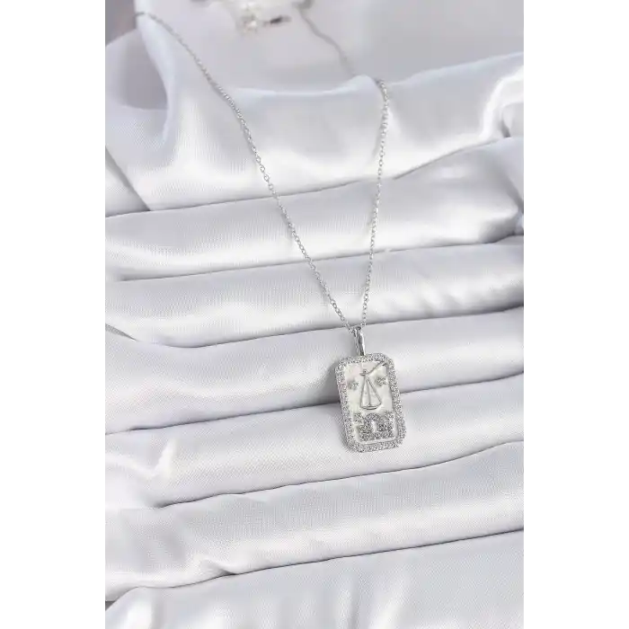 316L Çelik Gümüş Renk Terazi Burcu Zirkon Taşlı Kadın Kolye