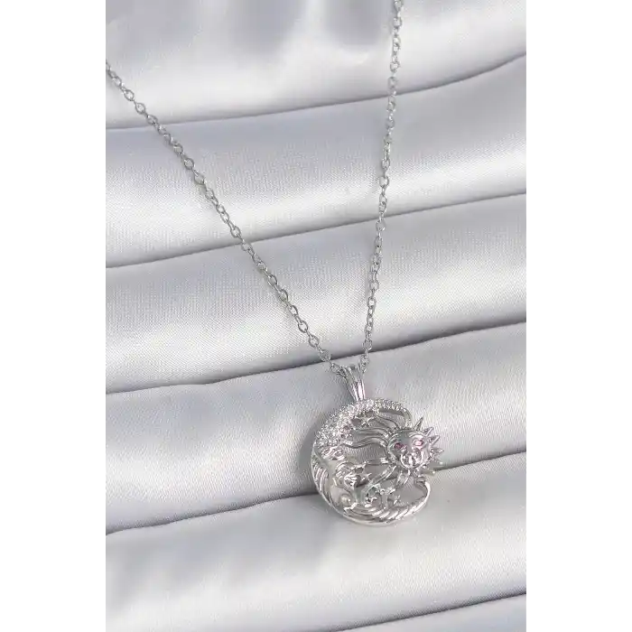 316L Çelik Gümüş Renk Zincir Ay Güneş Model Zirkon Taş Detay Kadın Kolye