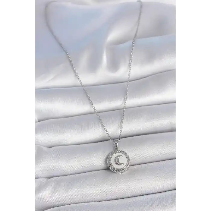 316L Çelik Gümüş Renk Zincir Beyaz Mineli Hilal İşlemeli Madalyon Model Kadın Kolye