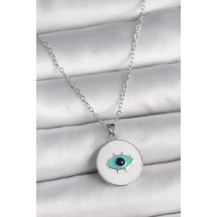 316L Çelik Gümüş Renk Zincir Beyaz Mineli Turkuaz Göz İşleme Model Kadın Kolye