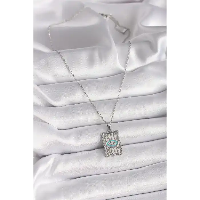 316L Çelik Gümüş Renk Zincir Göz İşlemeli Madalyon Model Kadın Kolye