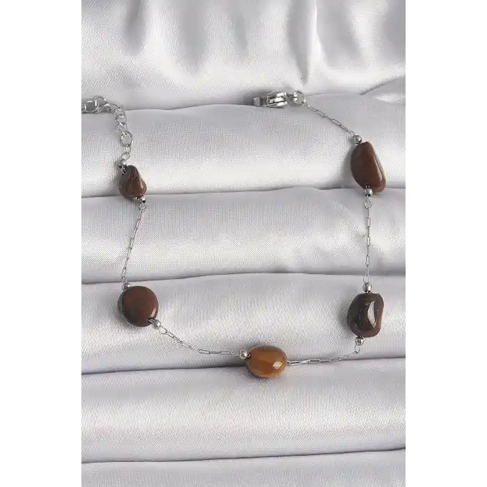 316L Çelik Gümüş Renk Zincir Kahverengi Doğaltaş Model Kadın Bileklik