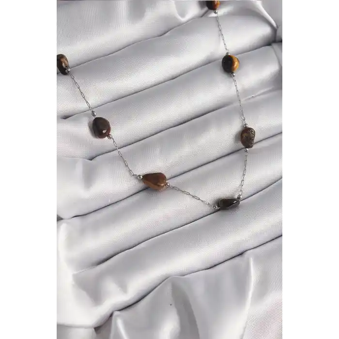 316L Çelik Gümüş Renk Zincir Kahverengi Doğaltaş Model Kadın Kolye